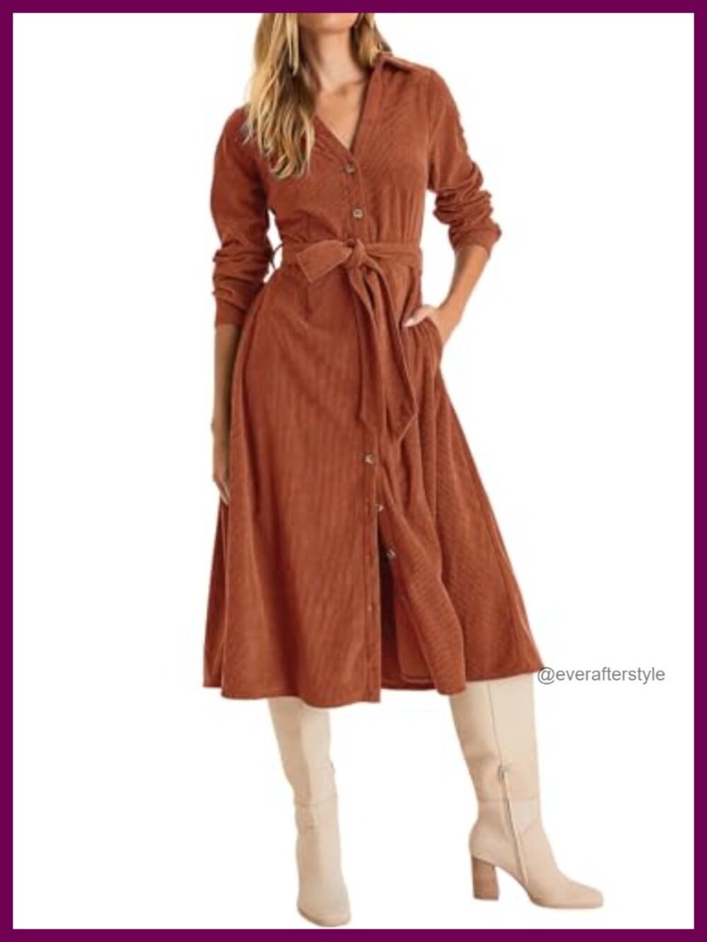 Corduroy Button Down Midi Dress Long Sleeve Fall Winter Fit Flare